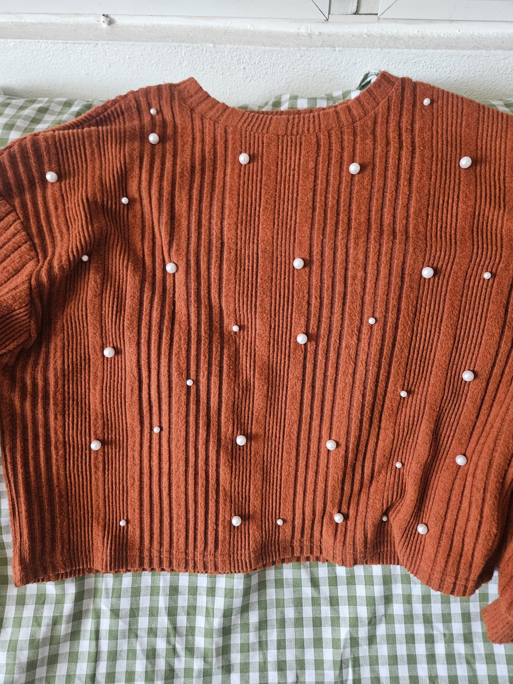 SHEIN Rust Pearl-Embellished Ribbed Crewneck Sweater
